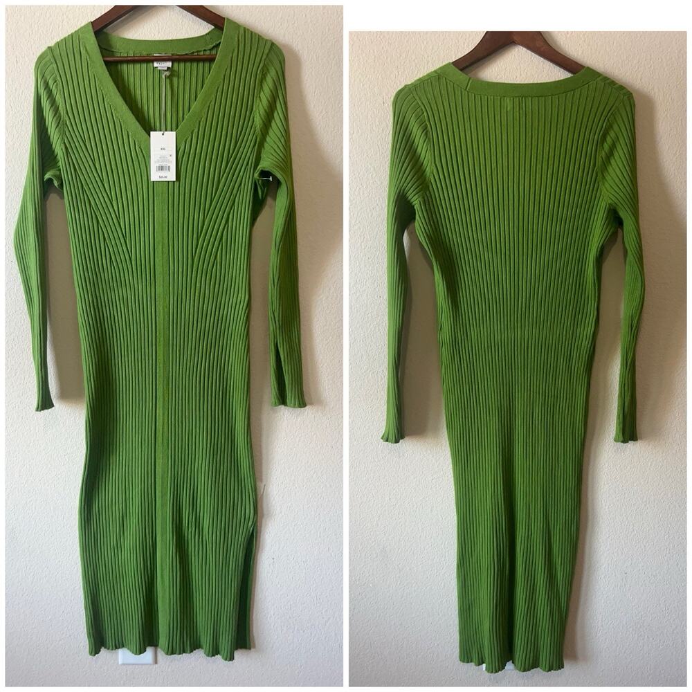 Ribbed Knit Midi Dress Green V Neck Long Sleeve Bodycon Slit A New Day XXL - Picture 2 of 8